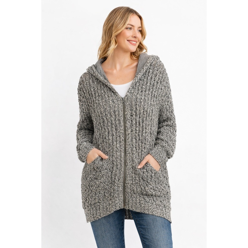 Free‎ People Oversized Knit Hooded Cardigan Sweater Gray White Open Weave